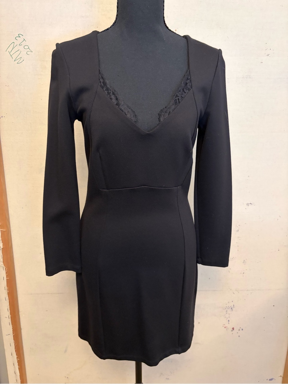 French Connection Black Long-Sleeve Mini Dress with Lace Detail, Women’s Size 8